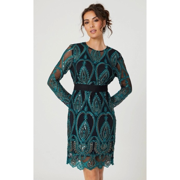 CBR Emerald green sequinned embroidered mesh dress gold detail black cocktail S - Picture 5 of 10